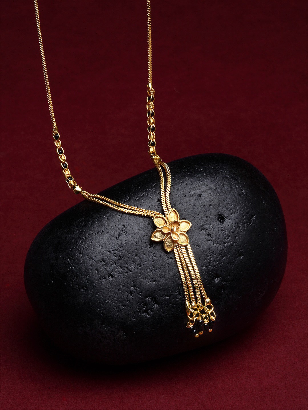 

ZENEME Gold-Plated & Black Beaded Floral Mangalsutra