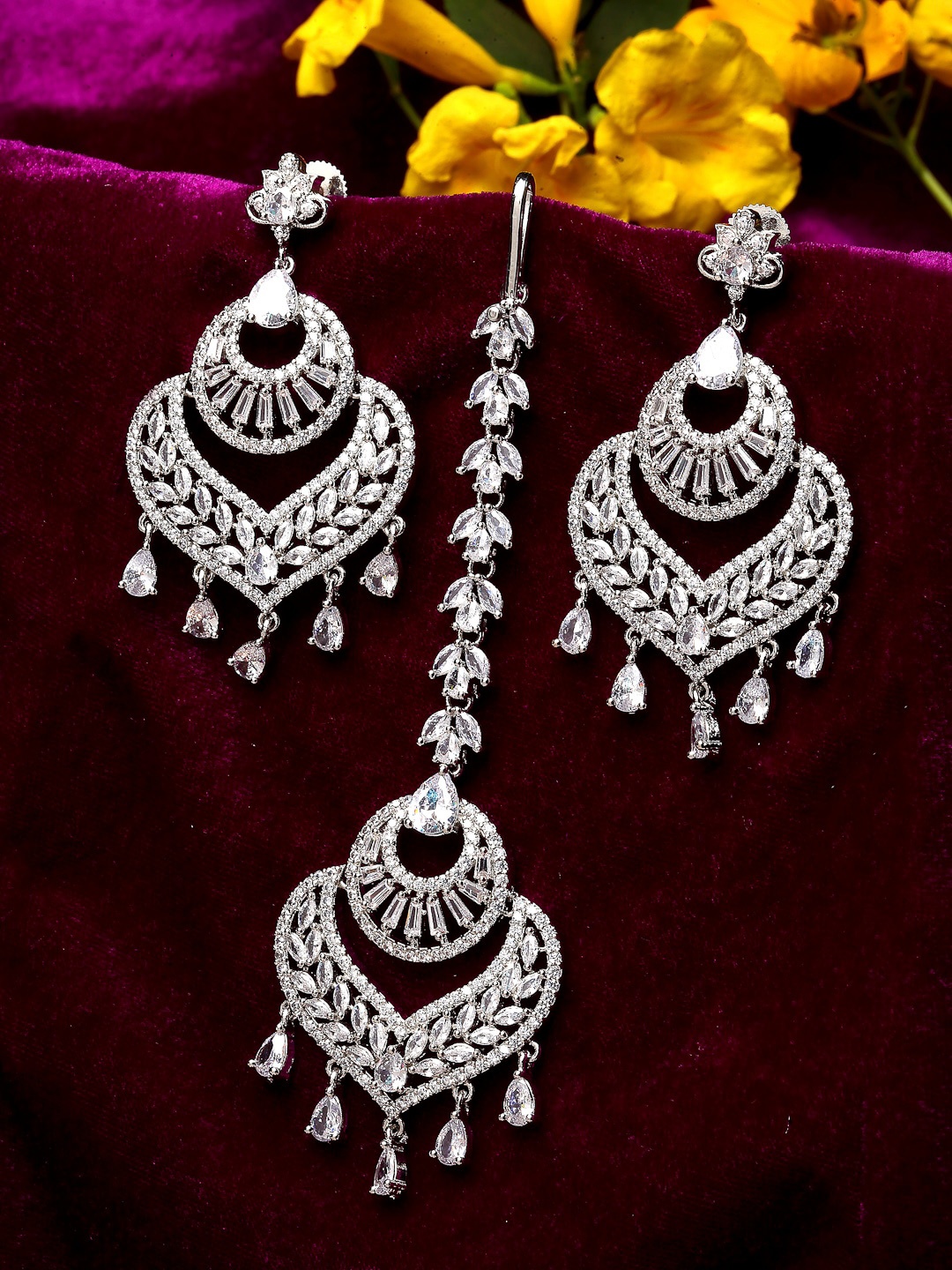 

ZENEME Silver-Plated White Heart Shaped AD-Studded Maang Tikka & Earrings Jewellery Set