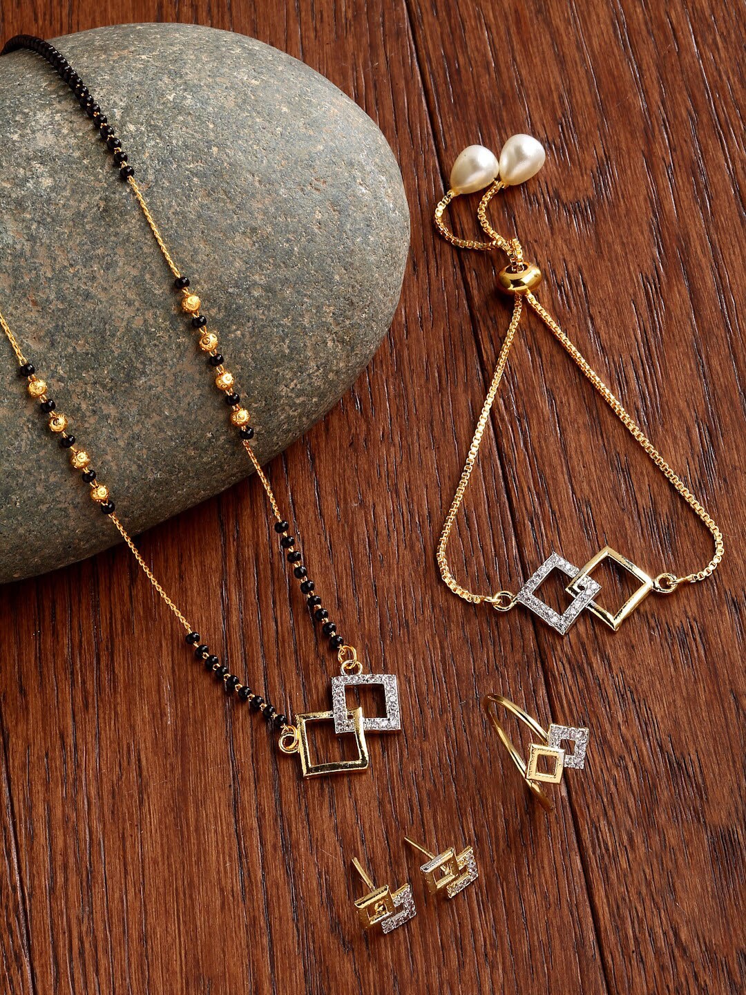 

ZENEME Gold-Plated & White AD-Studded & Beaded Square Shaped Mangalsutra Set