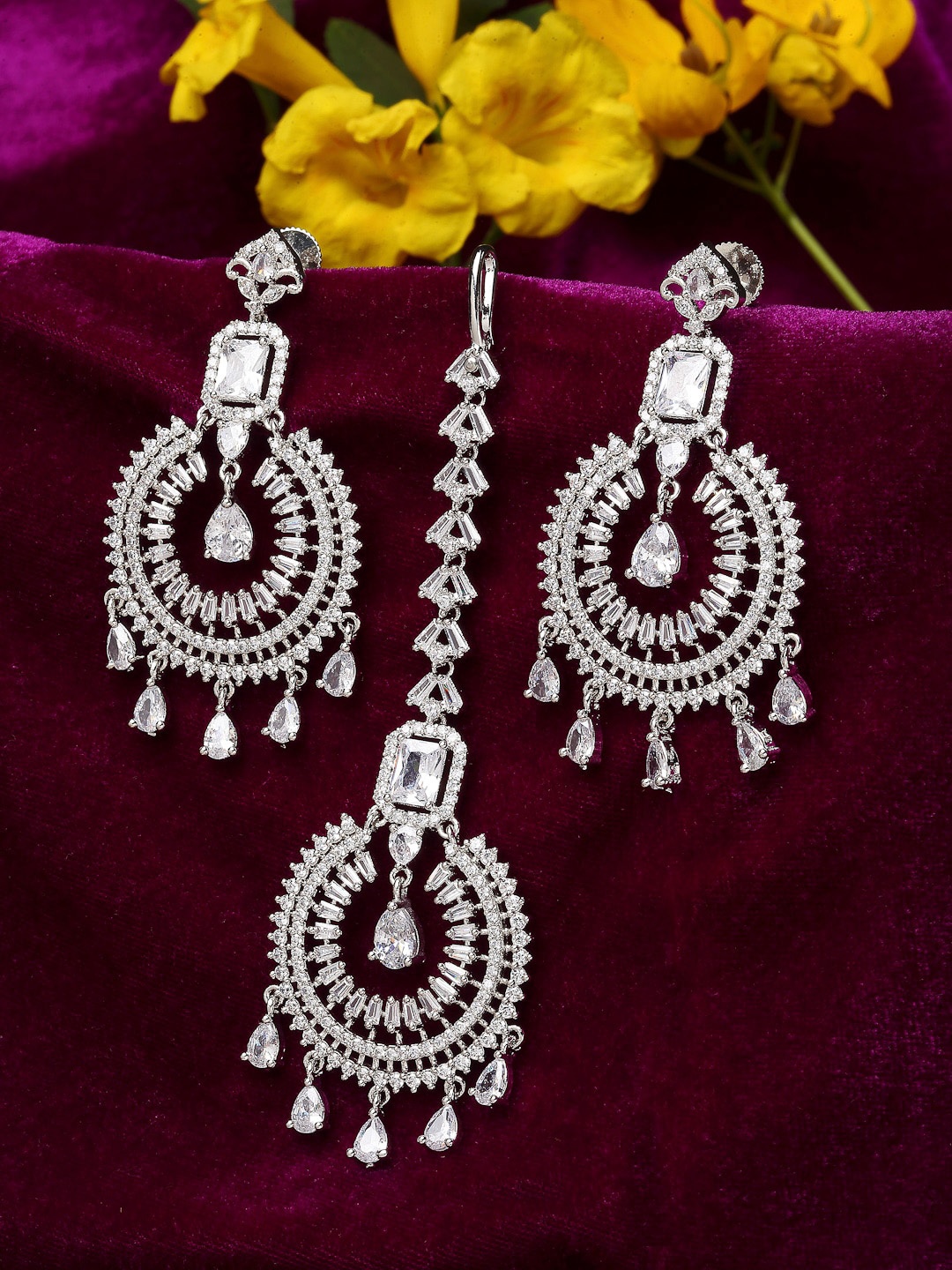 

ZENEME Silver-Plated White Round AD-Studded Maang Tikka And Chandeliers Earrings Set