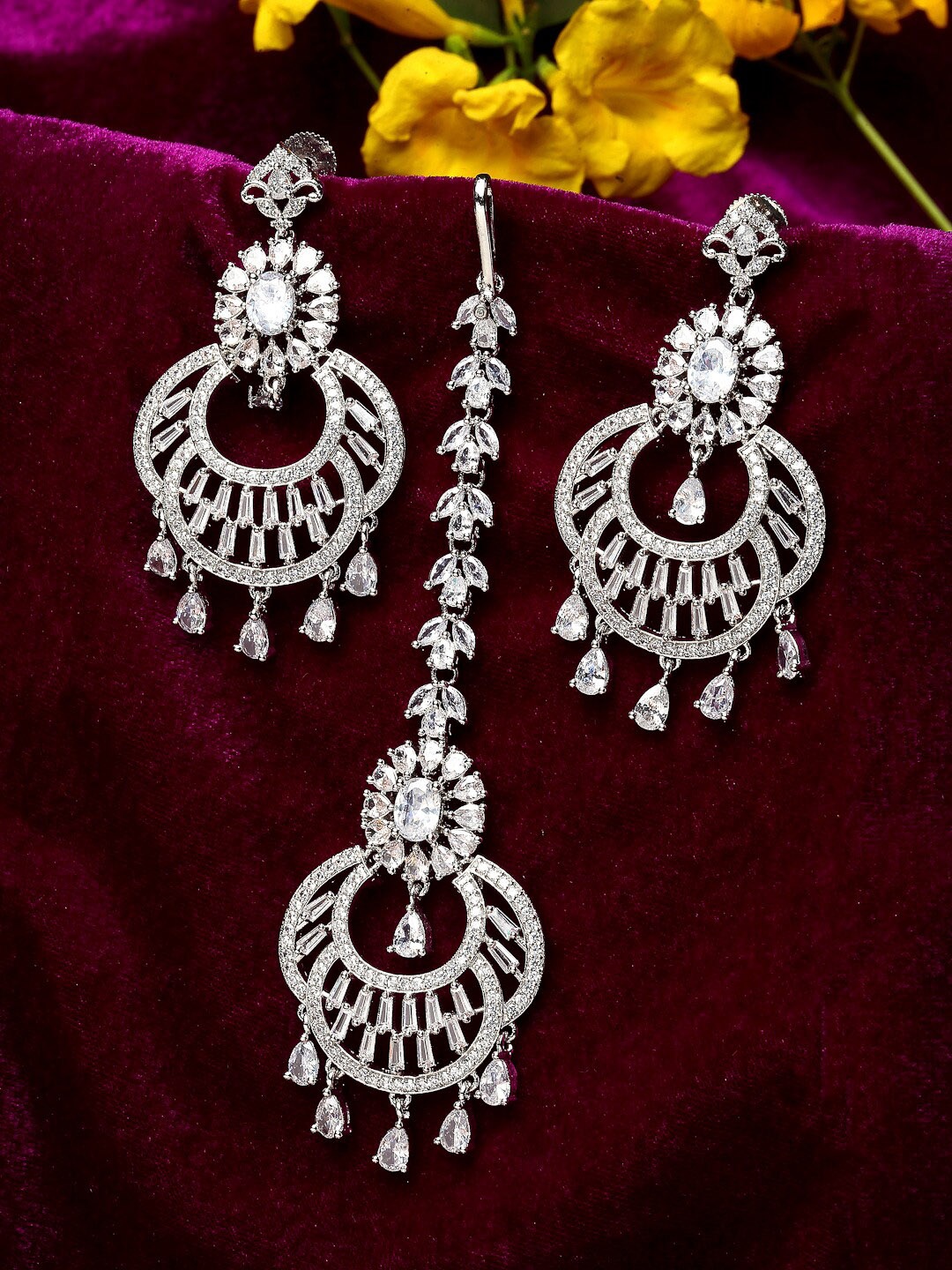 

ZENEME Silver-Plated White American Diamond Studded Maang Tikka And Earrings Set