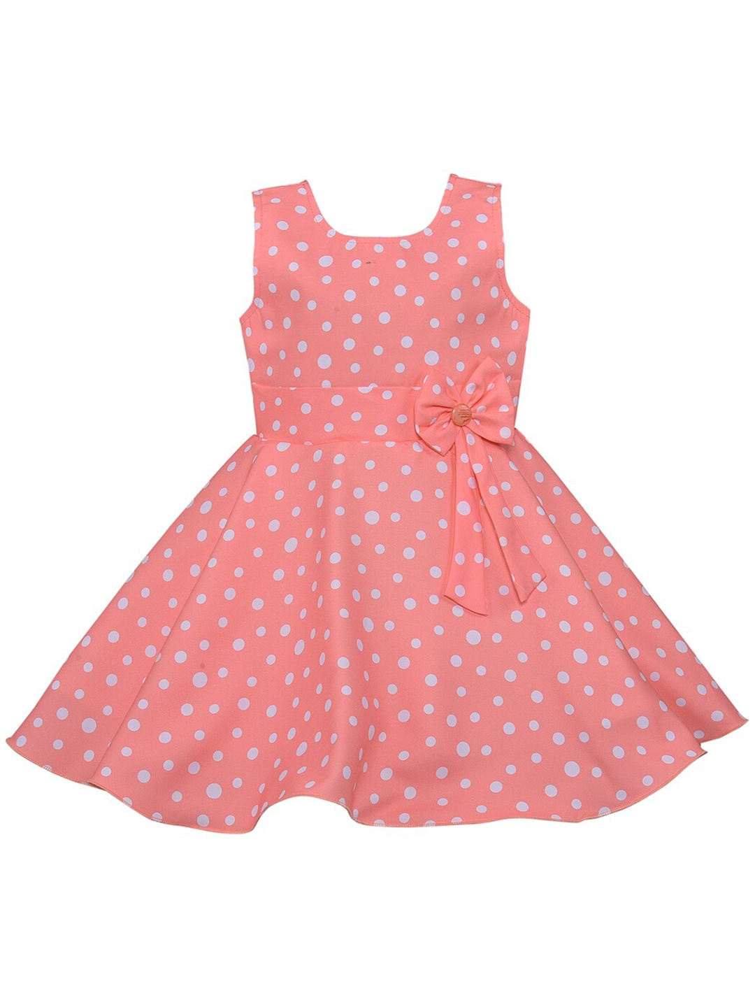 

Wish Karo Girls Peach-Coloured & White Polka Dots Printed Fit & Flare Dress with Bow