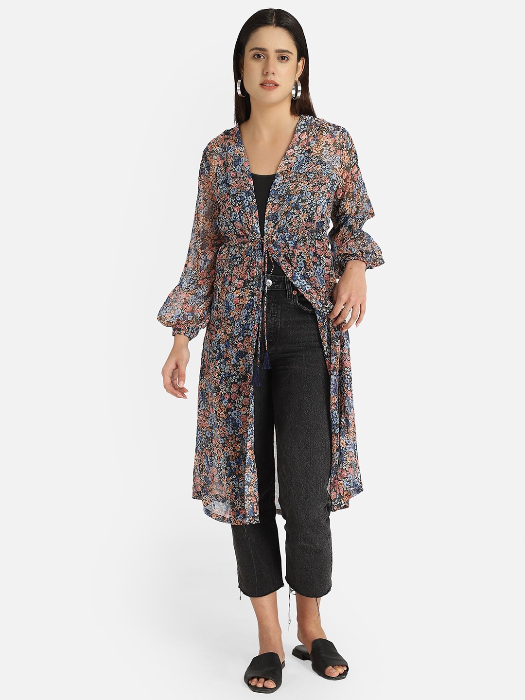 

Fbella Women Blue & Pink Printed Tie-Up Shrug