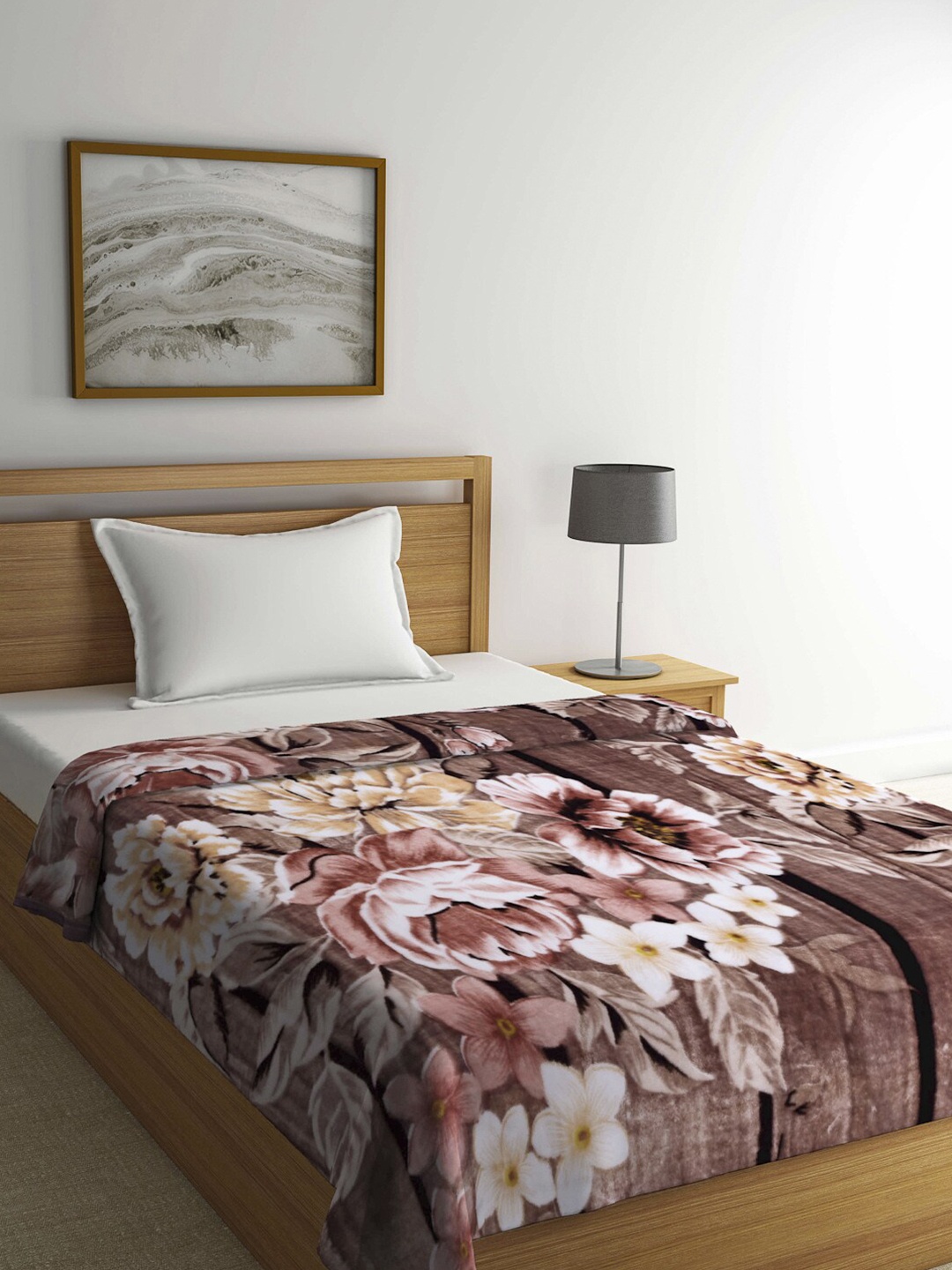 

KLOTTHE Brown & White Floral Heavy Winter Single Bed Blanket