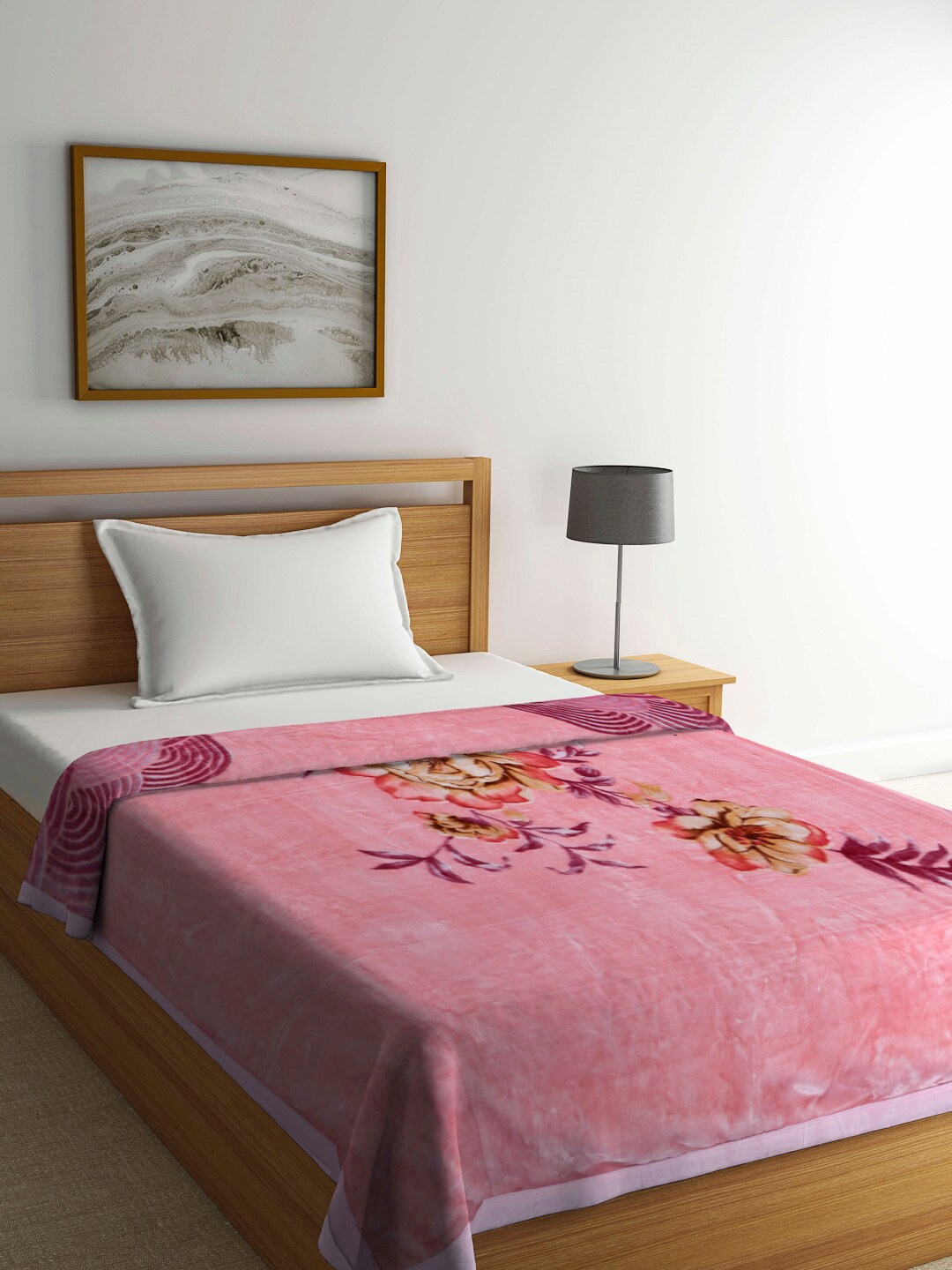 

KLOTTHE Pink & Green Floral Printed Wool 1000 GSM Heavy Winter Single Bed Blanket