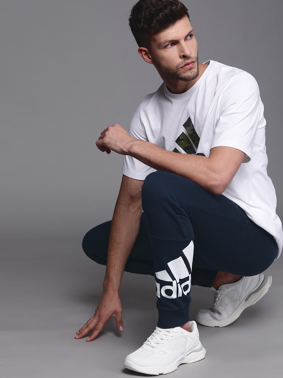 

ADIDAS Navy Blue & White Brand Logo Print Sustainable Joggers
