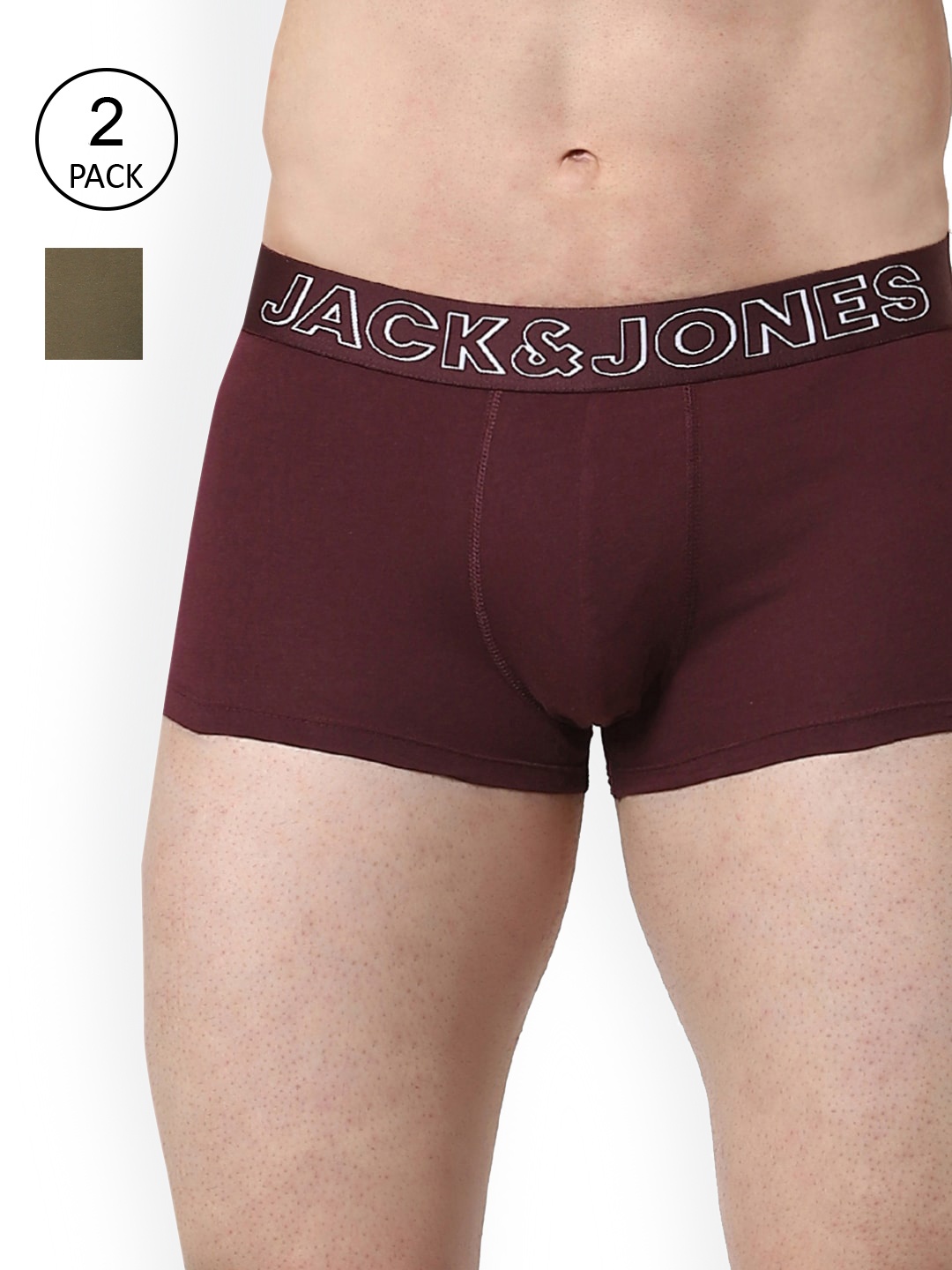 

Jack & Jones Men Pack Of 2 Maroon & Olive Green Solid Cotton Trunks 191604104