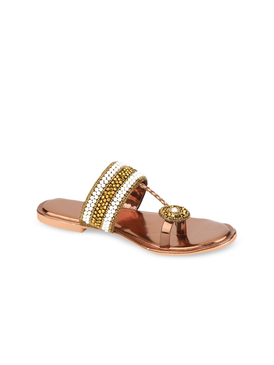

WALK N STYLE COLLECTION Women Copper-Toned Embellished Leather Ethnic Open Toe Flats