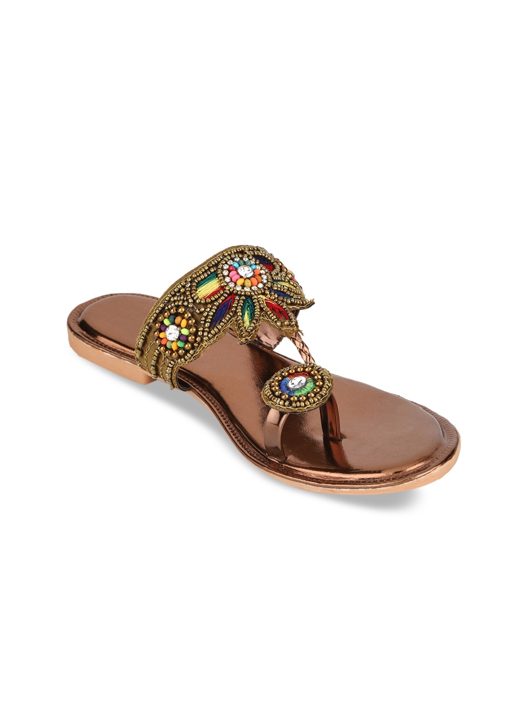 

WALK N STYLE COLLECTION Women Gold-Toned Embellished Leather Ethnic Open Toe Flats