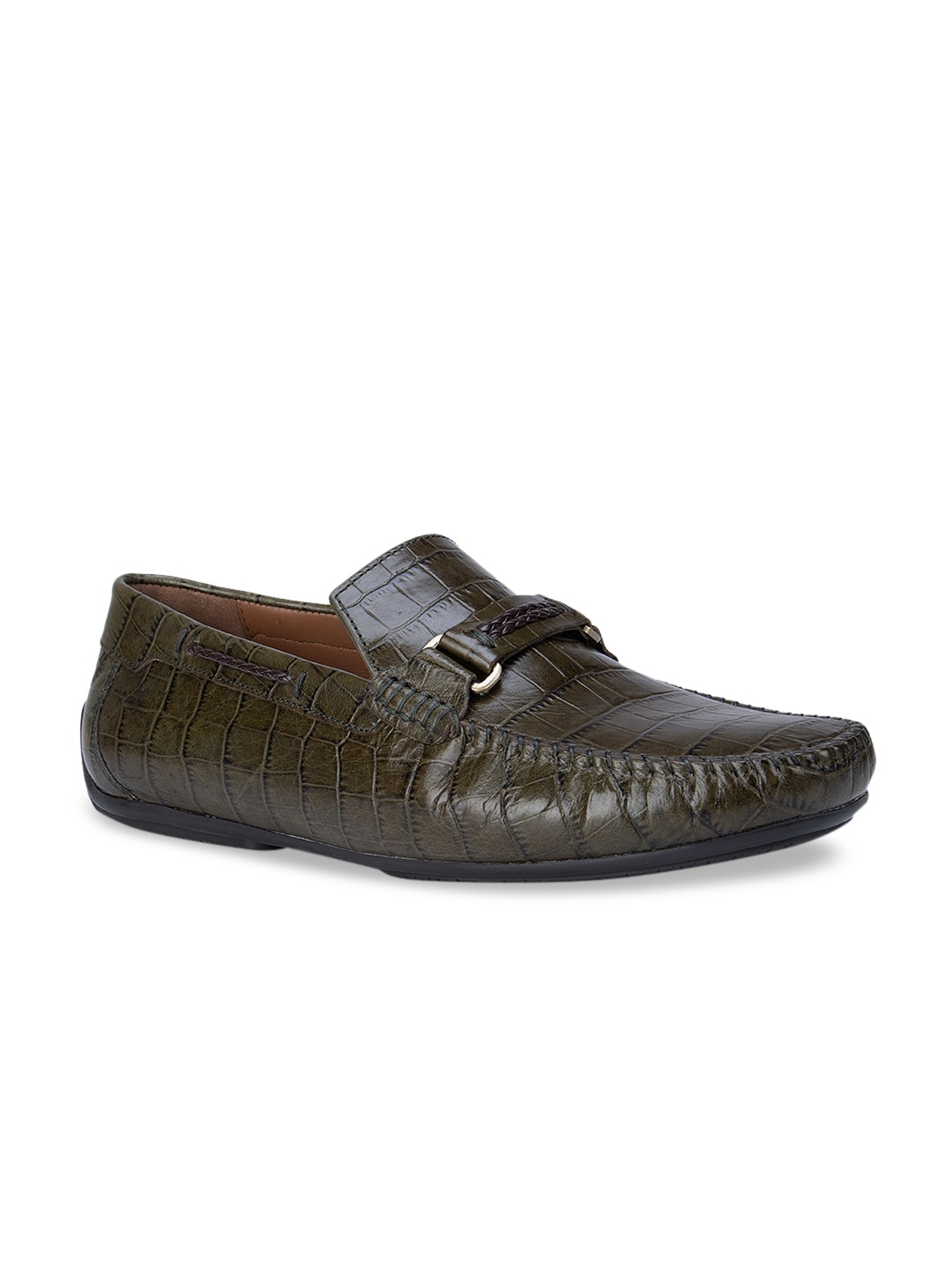 

ROSSO BRUNELLO Men Green Textured Leather Loafers