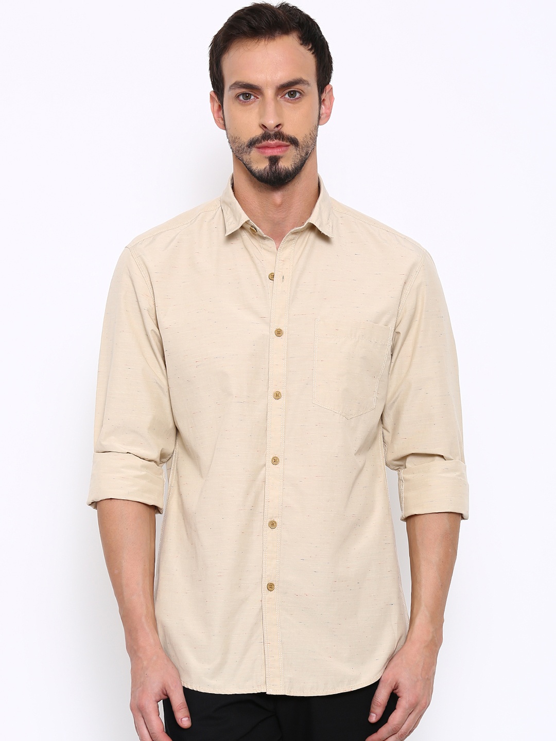 

John Players Men Beige Trim Fit Self-Design Casual Shirt