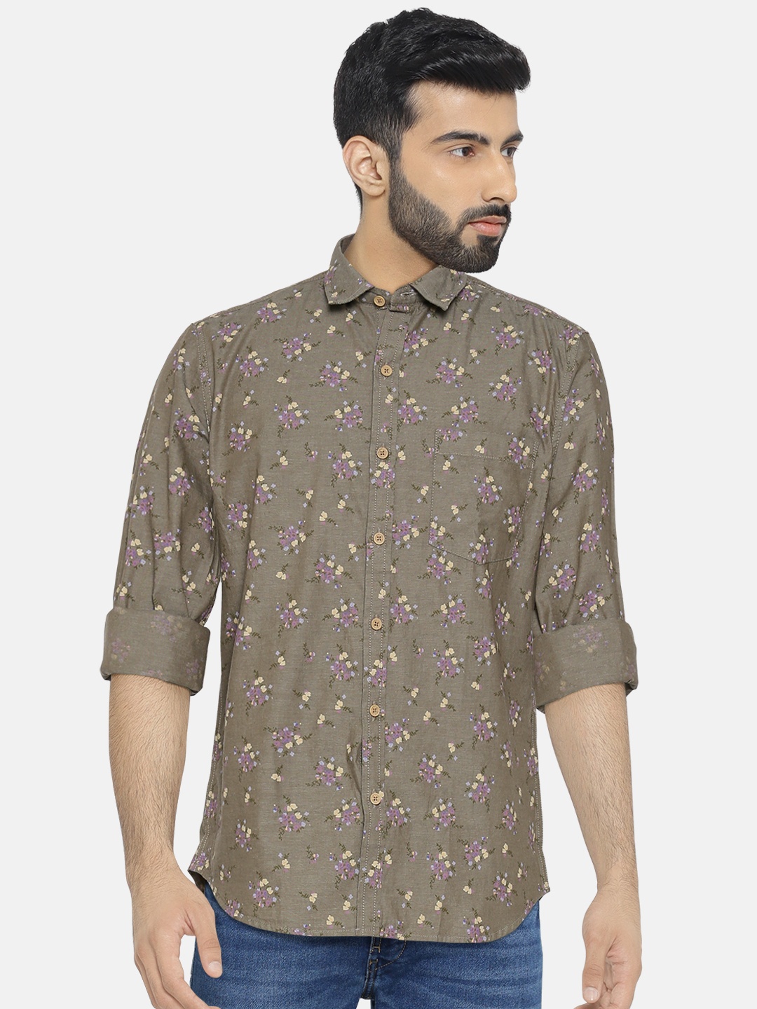 

John Players Men Olive Green Trim Fit Floral Print Casual Shirt