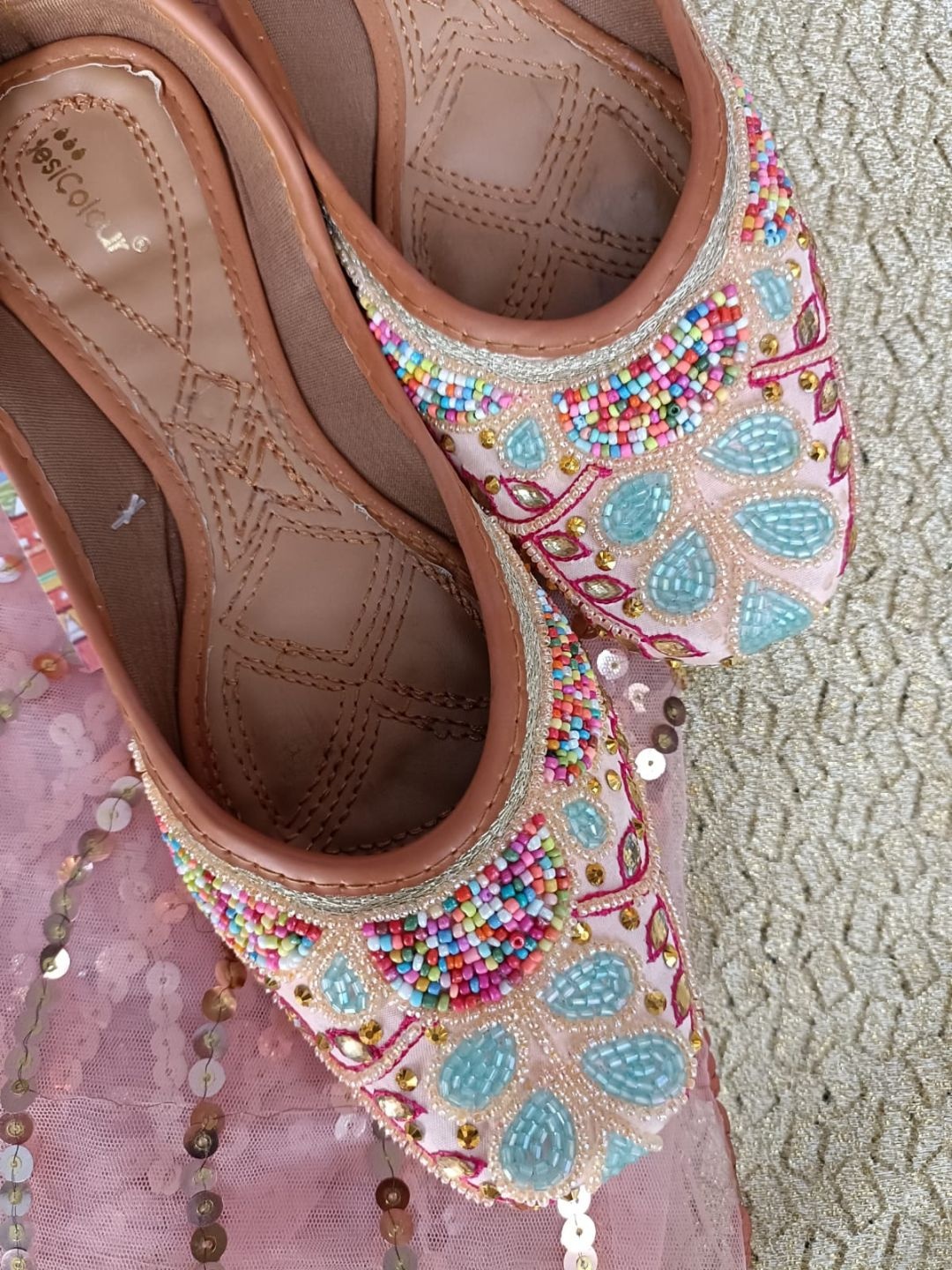 

DESI COLOUR Women Peach-Coloured Embellished Leather Ethnic Mojaris Flats