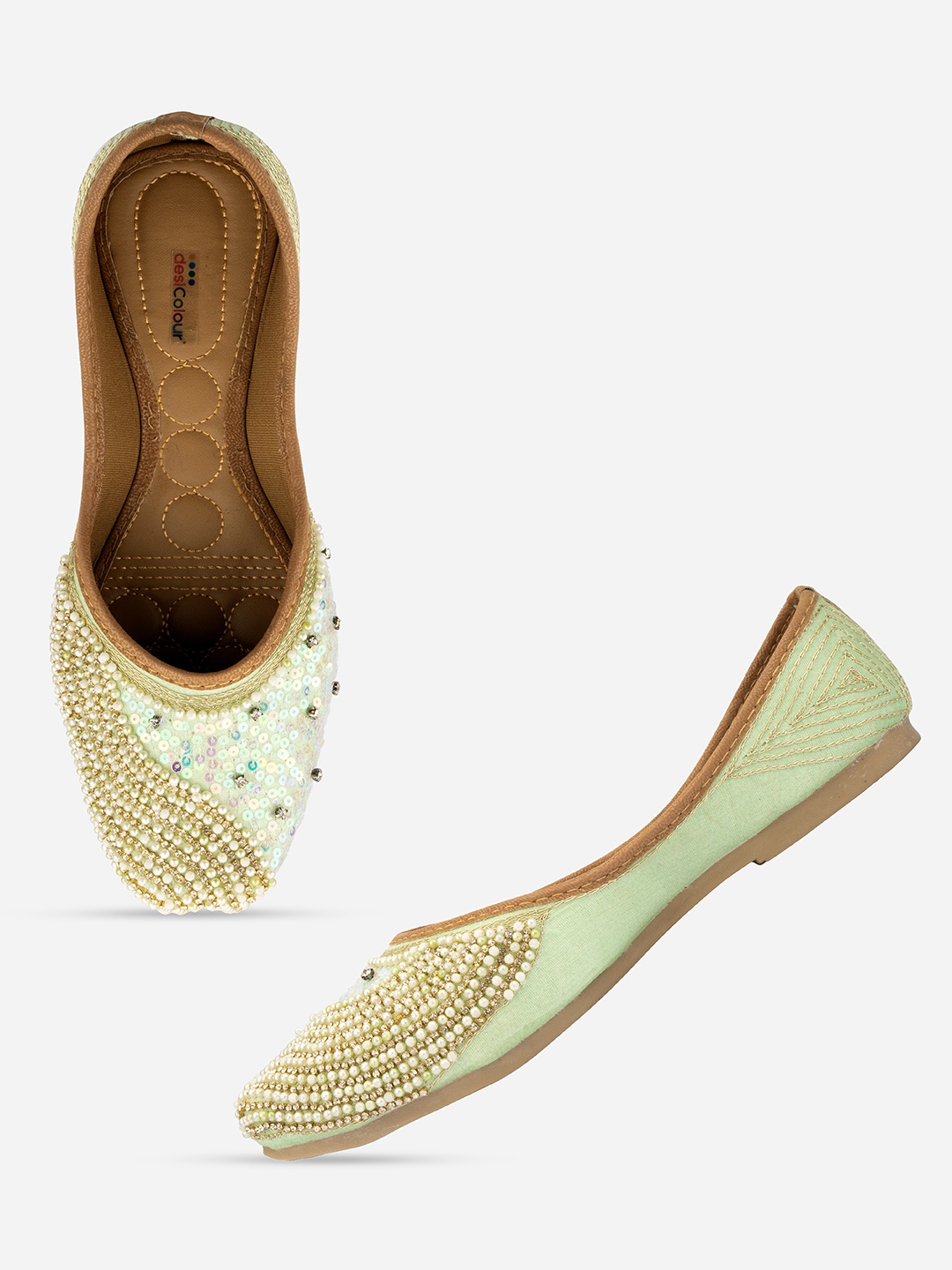 

DESI COLOUR Women Sea Green Ethnic Embellished Mojaris Flats