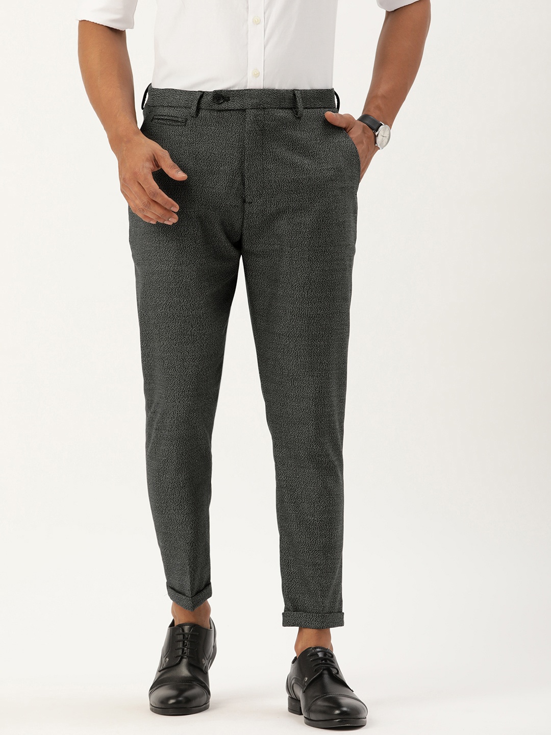 

Peter England Men Charcoal Grey Textured Carrot Fit Trousers