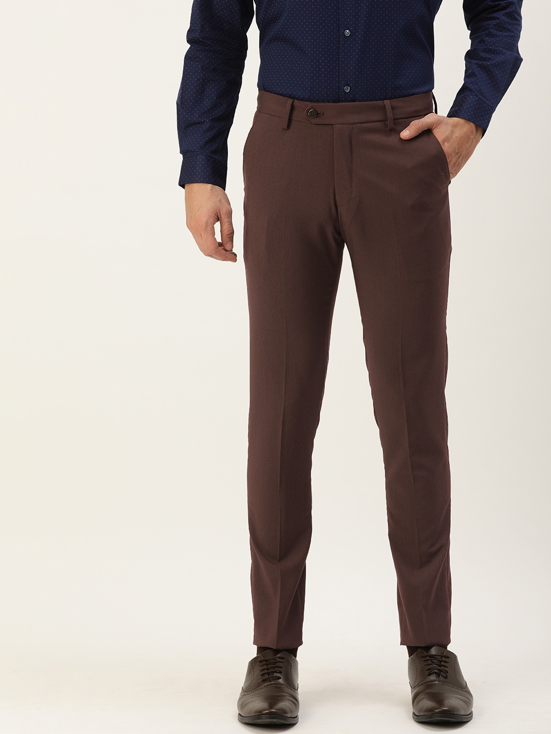 

Peter England Men Maroon Textured Neo Slim Fit Trousers