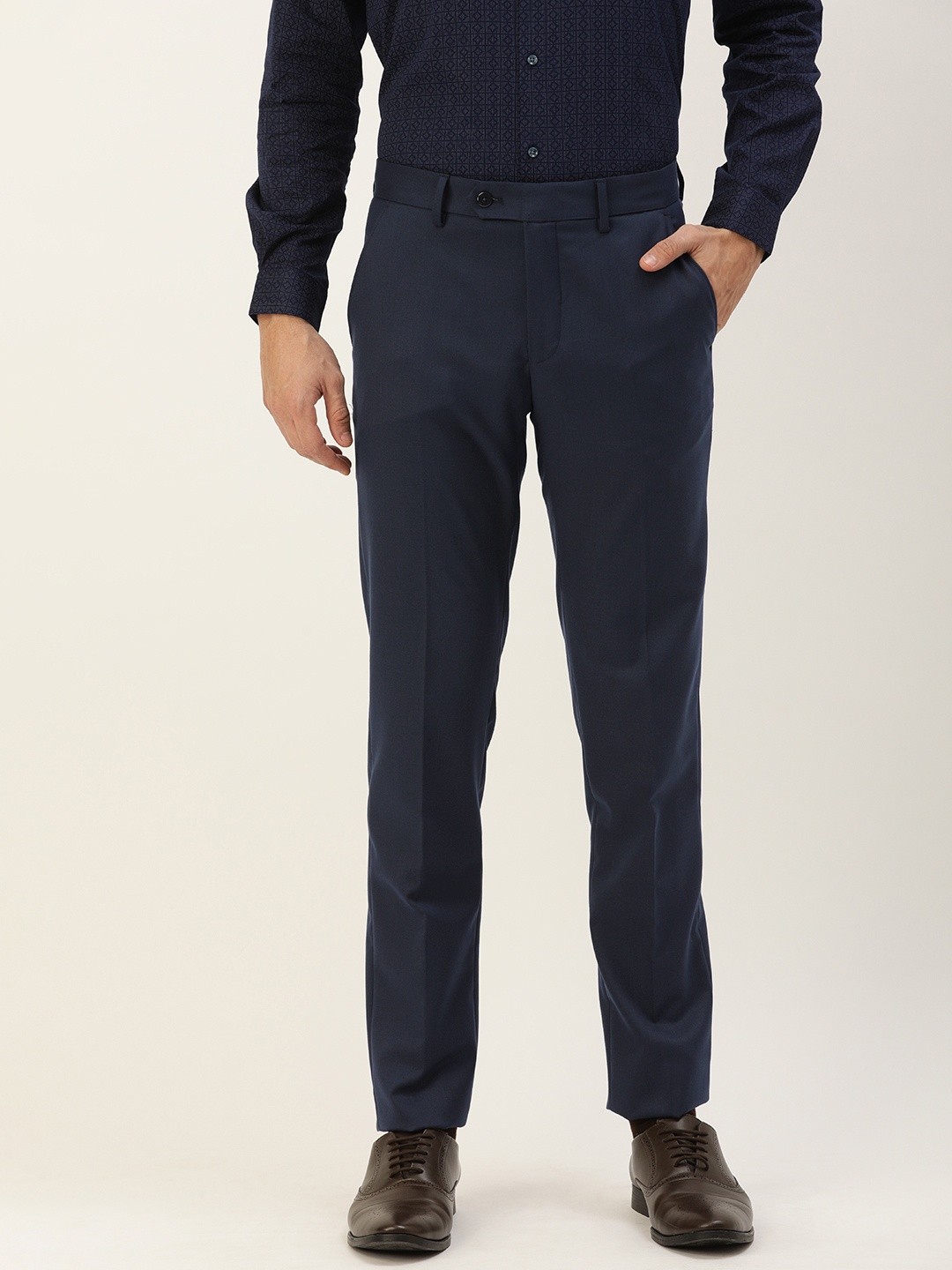 

Peter England Men Navy Blue Textured Neo Slim Fit Trousers