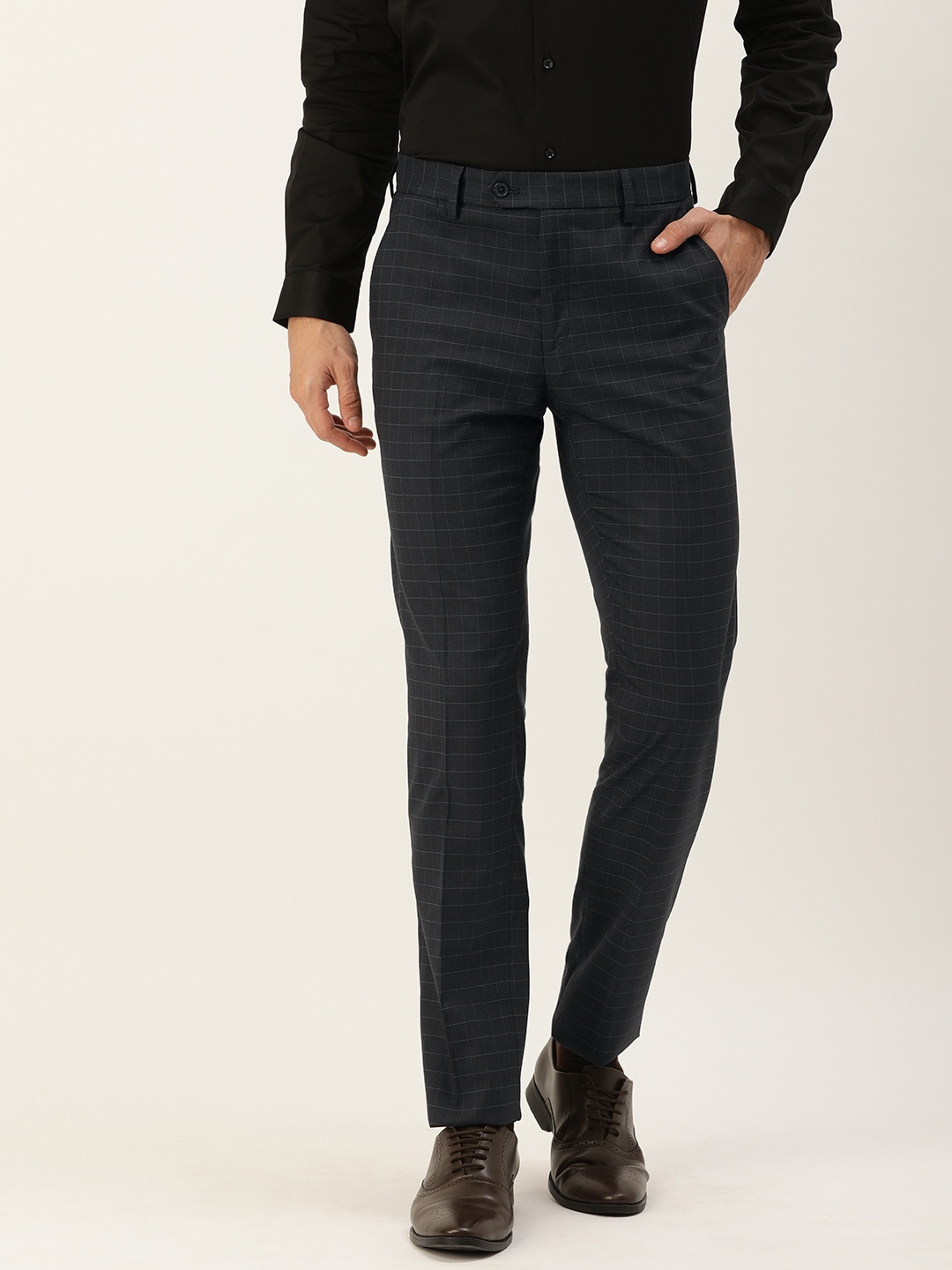 

Peter England Men Navy Blue Checked Slim Fit Trousers