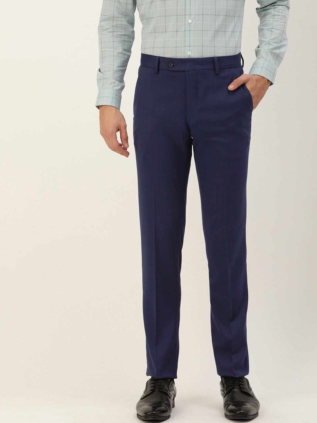 

Peter England Men Navy Blue Striped Neo Slim Fit Formal Trousers