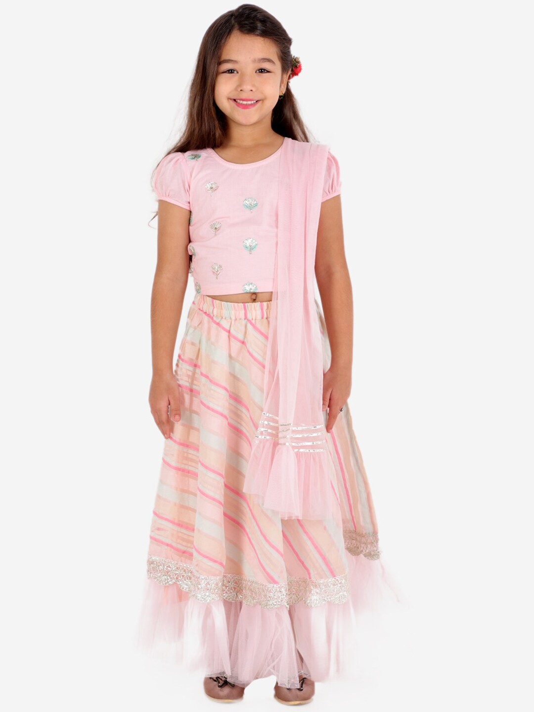 

LIL DRAMA Girls Pink & Blue Sequinned Ready to Wear Lehenga & Blouse With Dupatta