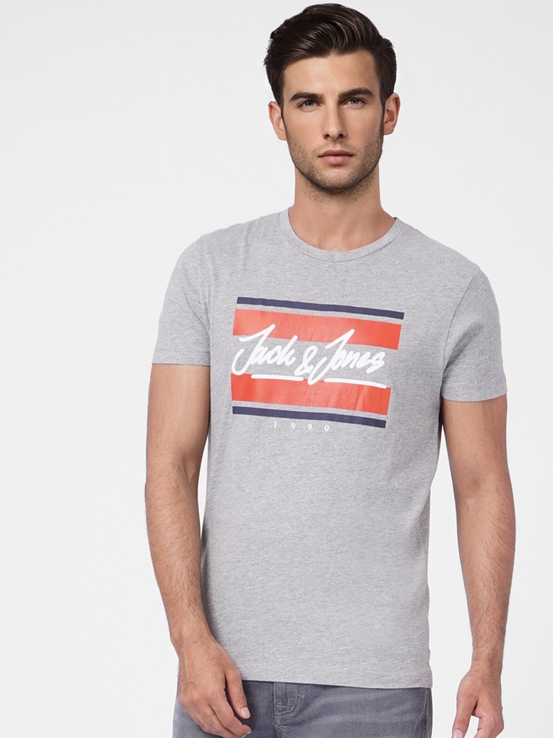 

Jack & Jones Brand Logo Printed Pure Cotton Slim Fit T-shirt, Charcoal