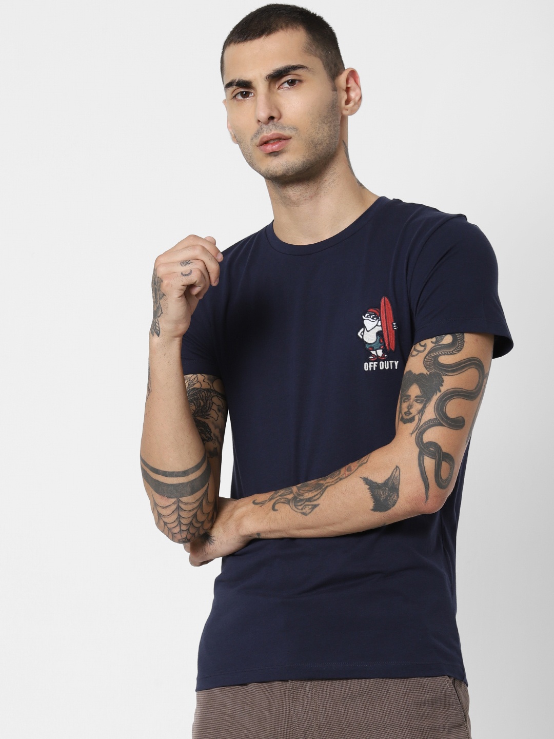 

Jack & Jones Men Navy Blue & White Embroidered Pure Cotton Slim Fit T-shirt