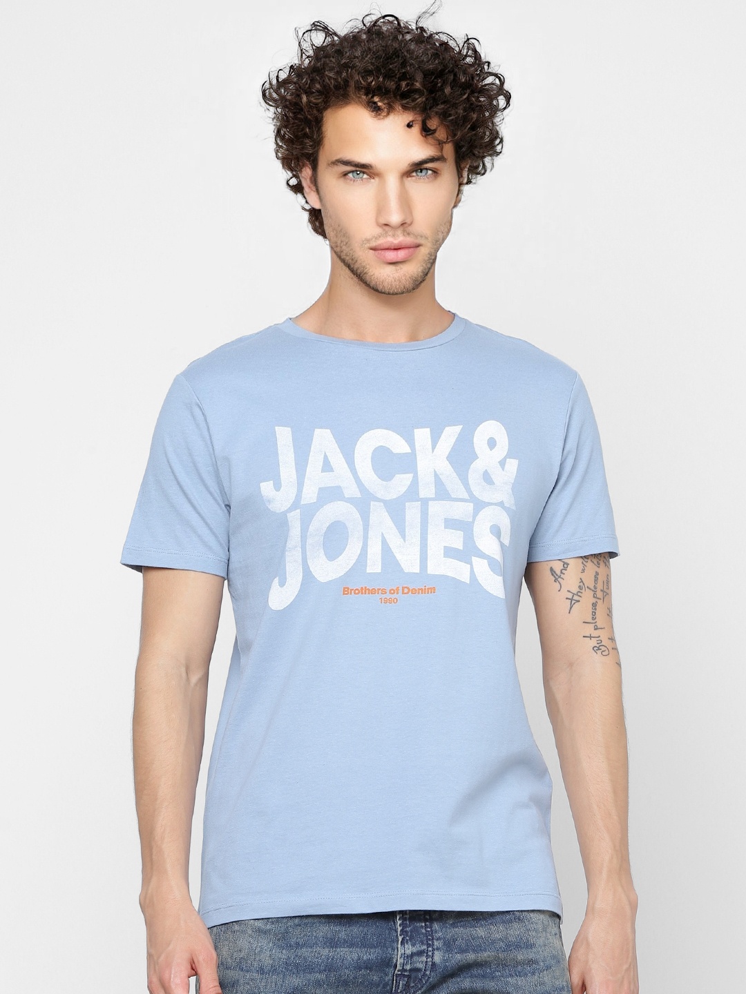 

Jack & Jones Men Blue & White Printed Pure Cotton T-shirt