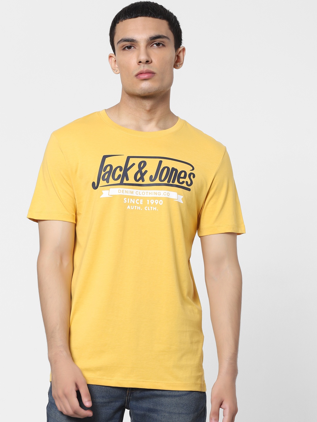 

Jack & Jones Men Yellow Brand Logo Printed Pure Cotton T-shirt