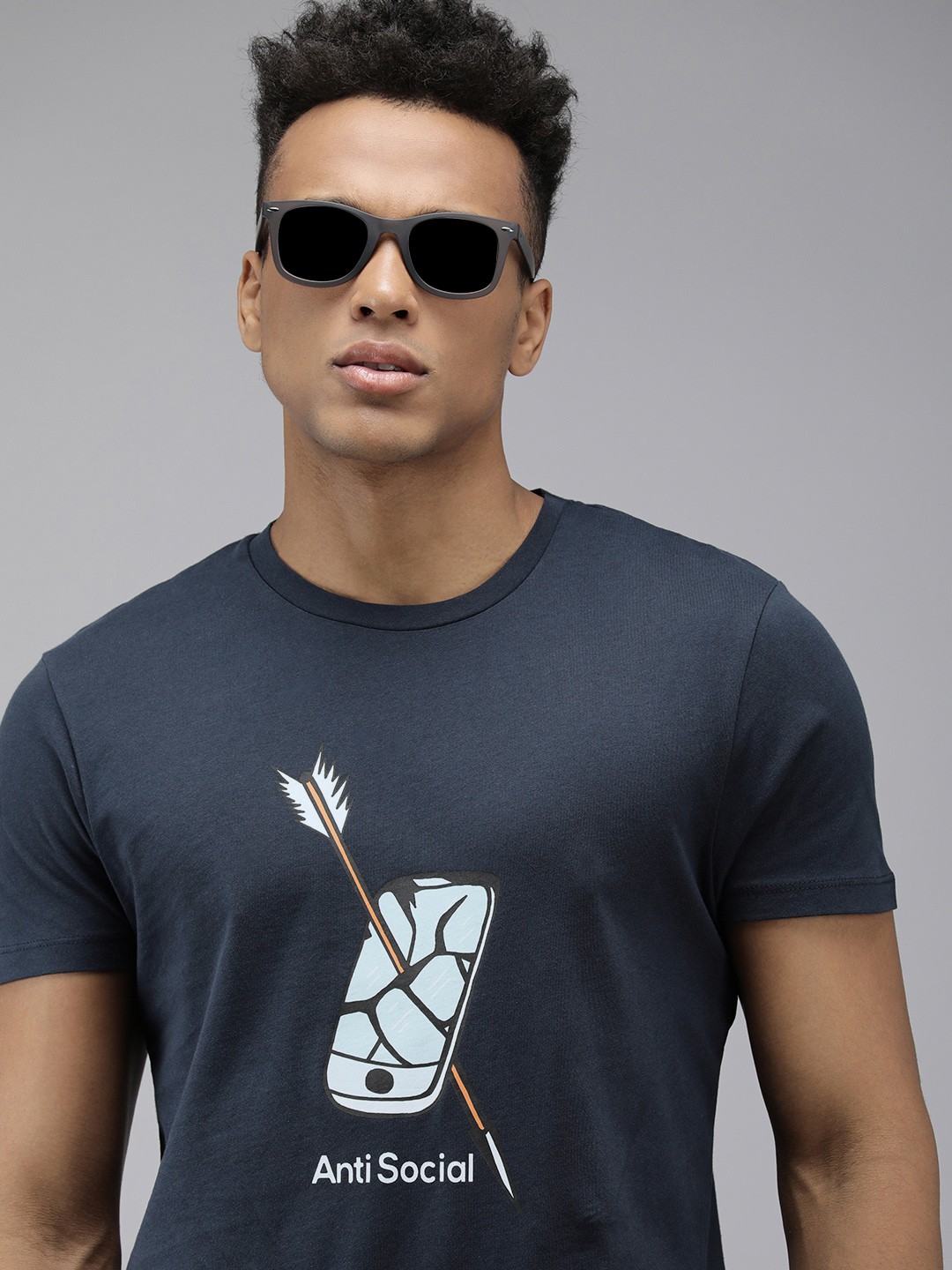 

Jack & Jones Men Navy Blue Conversational Printed Slim Fit Pure Cotton Casual T-shirt