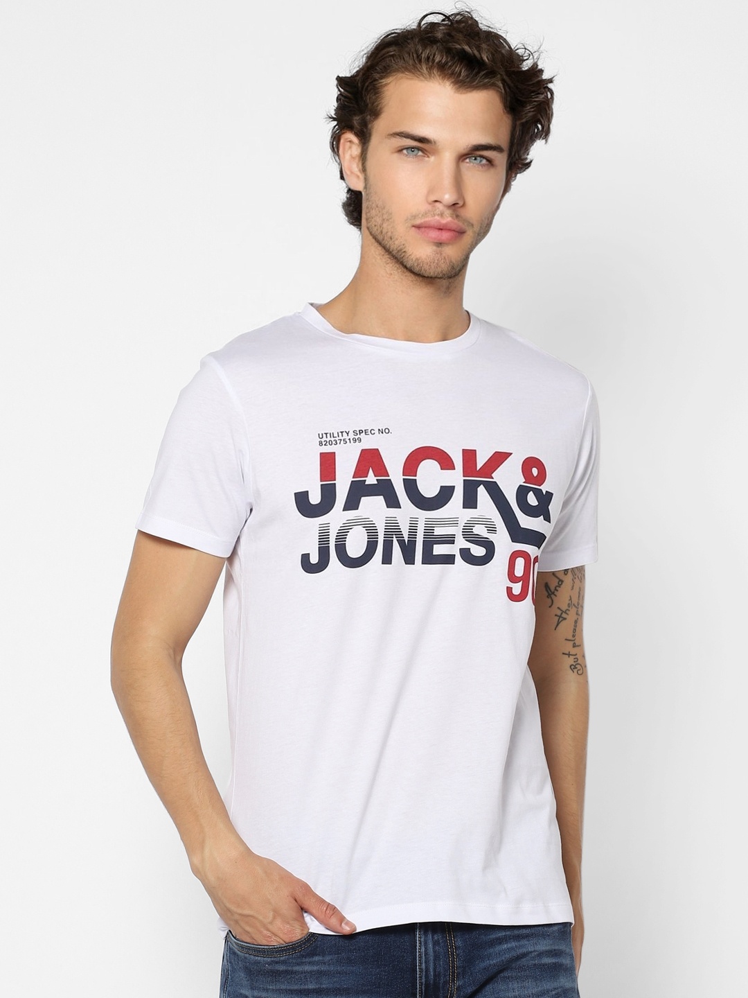 

Jack & Jones Men White & Multicoloured Typography Printed Slim Fit Casual T-shirt