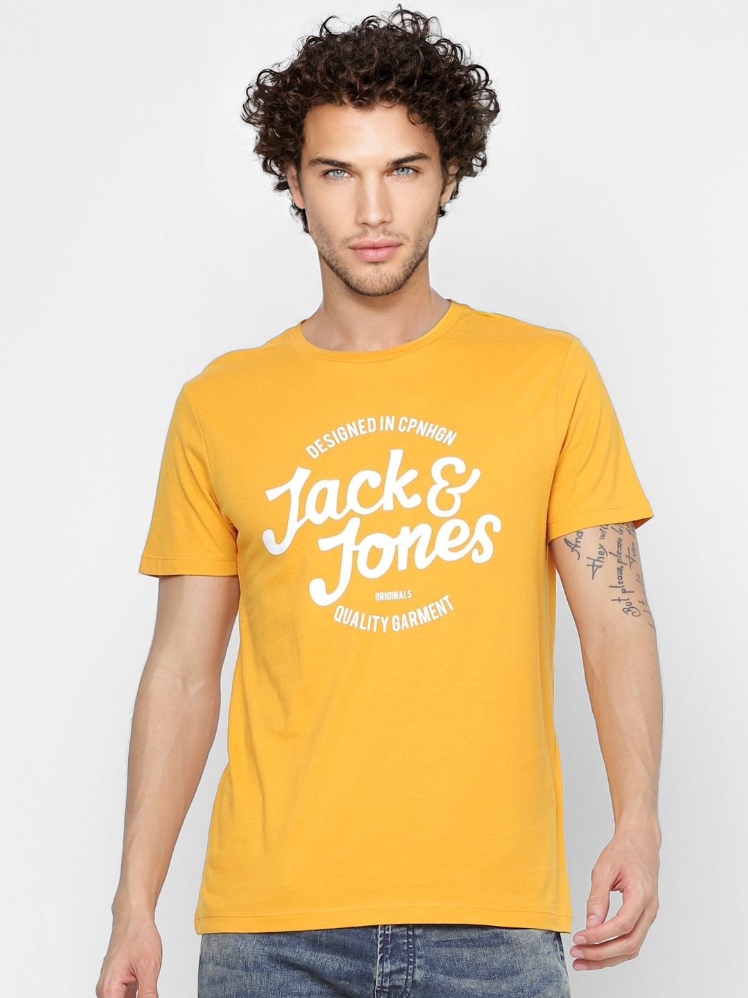 

Jack & Jones Men Yellow & White Brand Logo Printed Pure Cotton T-shirt