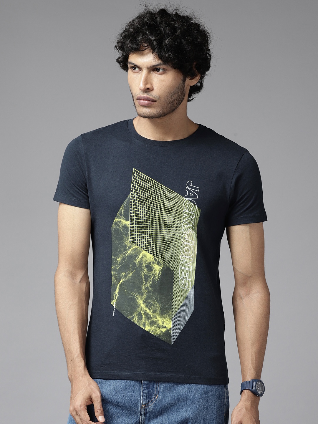 

Jack & Jones Men Brand Logo Printed Pure Cotton T-shirt, Navy blue
