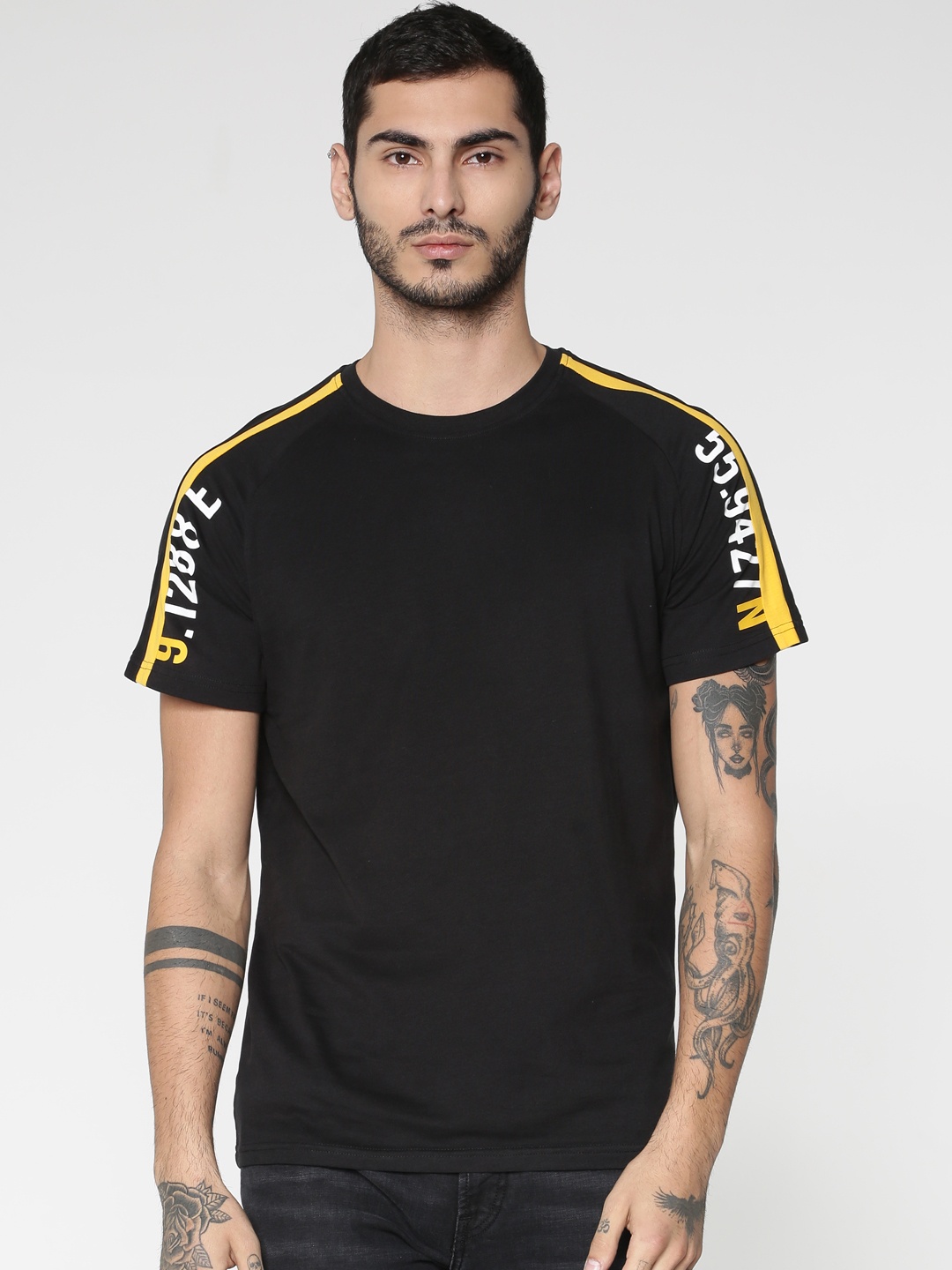 

Jack & Jones Men Black & Yellow Typography Printed Slim Fit Pure Cotton T-shirt