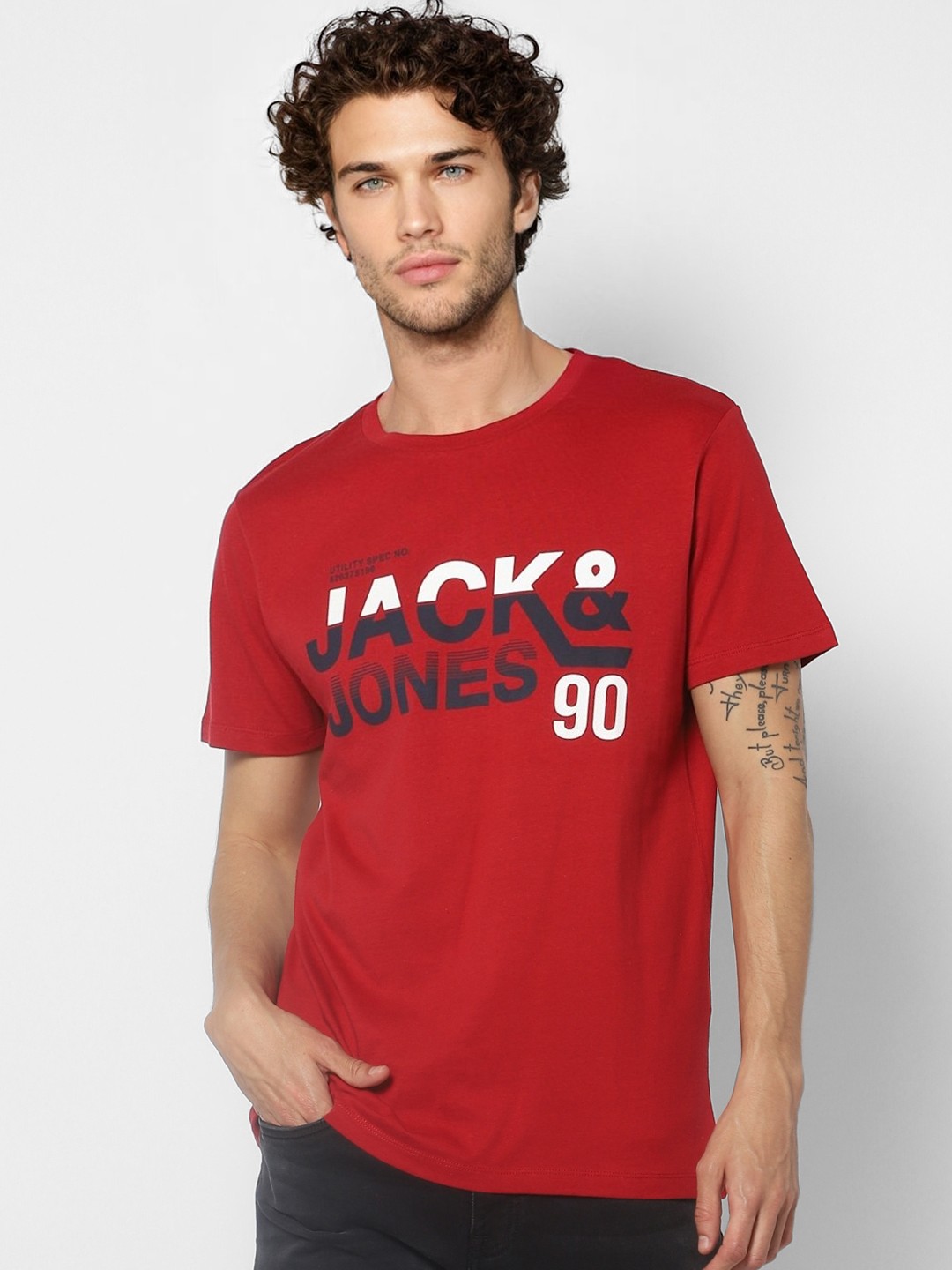 

Jack & Jones Men Red & Black Printed Pure Cotton T-shirt