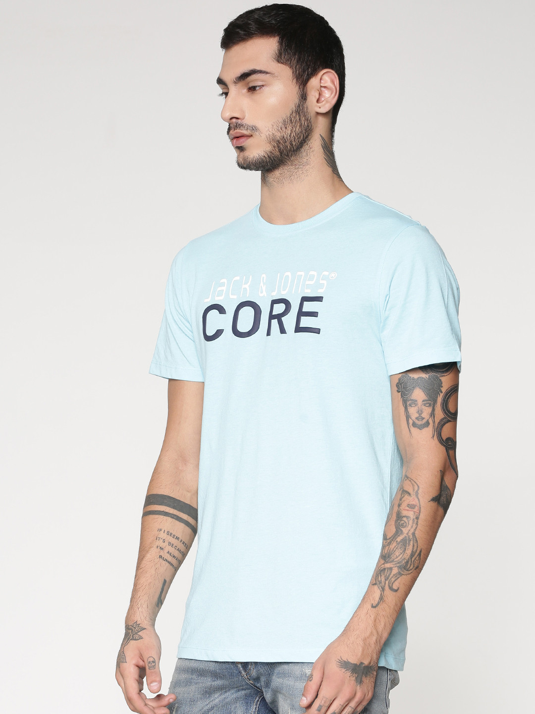 

Jack & Jones Men Blue & Black Typography Printed Pure Cotton Slim Fit T-shirt