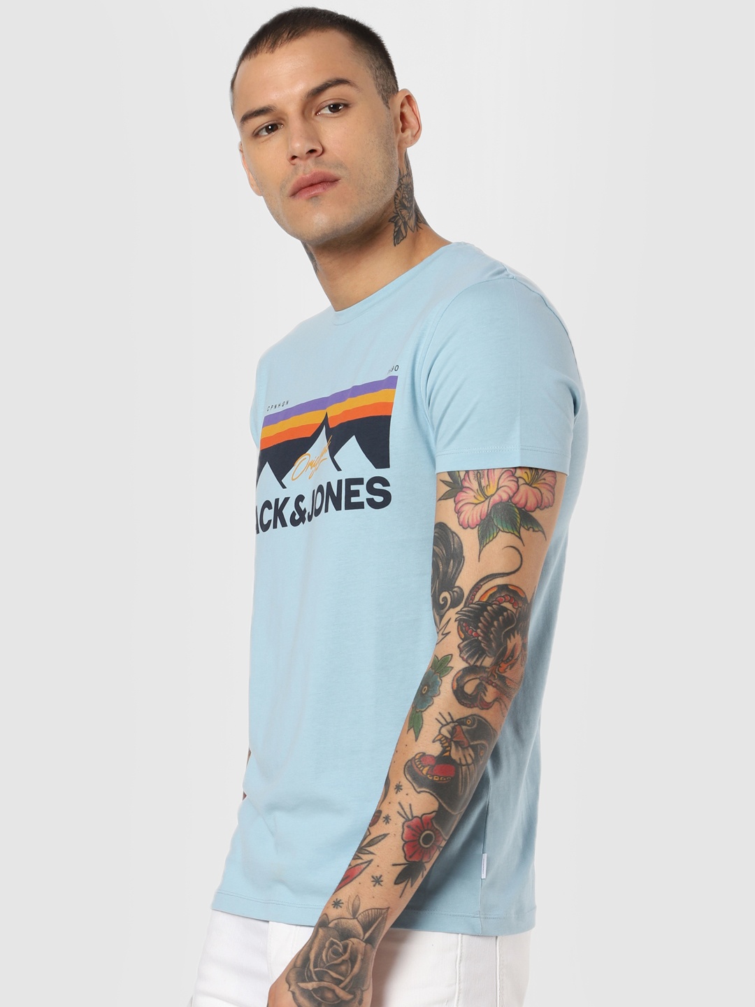 

Jack & Jones Men Blue & Black Printed Pure Cotton T-shirt