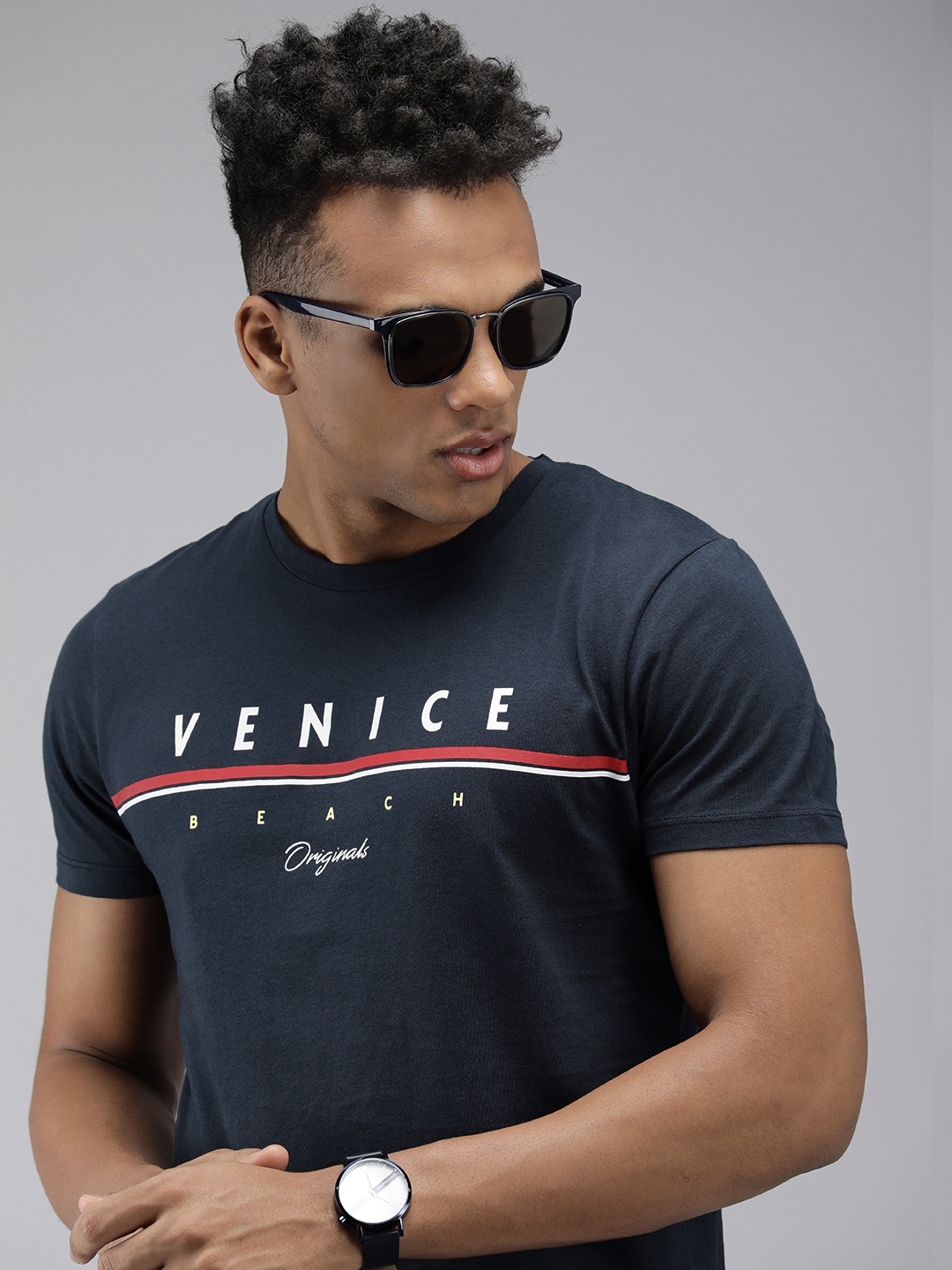 

Jack & Jones Men Blue Typography Printed Slim Fit Pure Cotton Casual T-shirt
