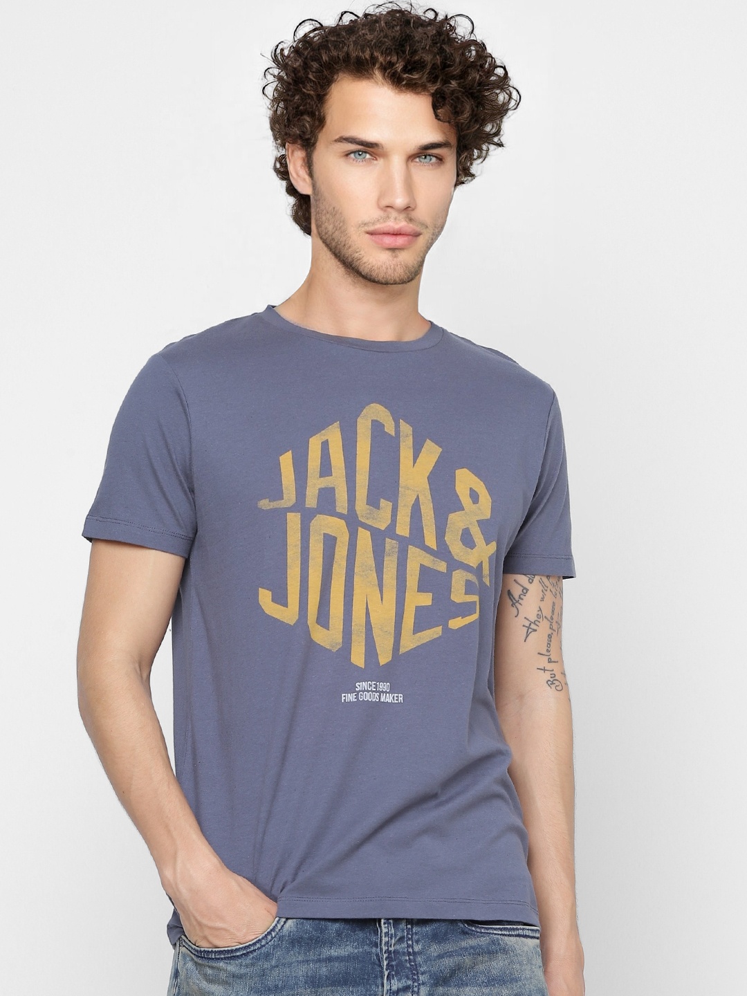 

Jack & Jones Men Blue & Yellow Printed Pure Cotton T-shirt