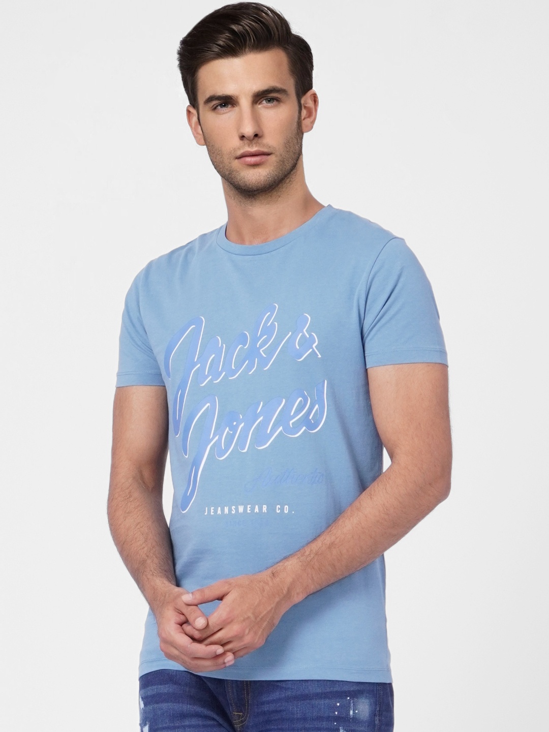 

Jack & Jones Brand Logo Printed Pure Cotton Slim Fit T-shirt, Blue