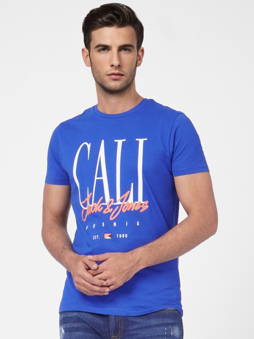 

Jack & Jones Typography Printed Pure Cotton Slim Fit T-shirt, Blue