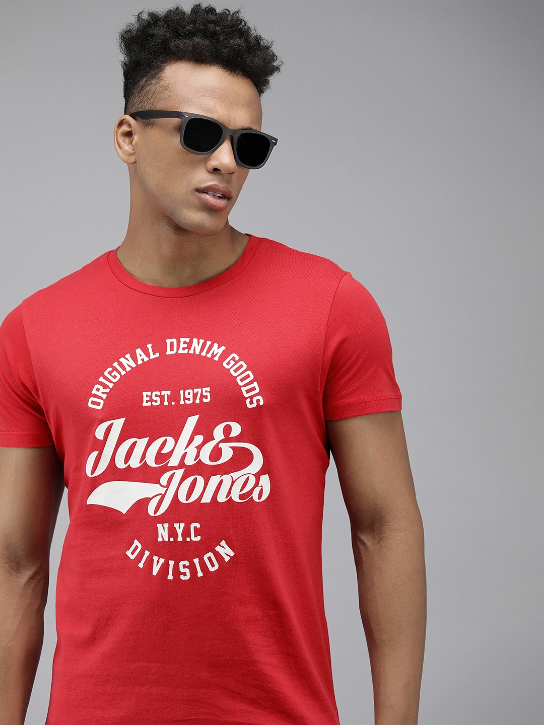 

Jack & Jones Men Red & White Typography Printed Slim Fit Pure Cotton Casual T-shirt