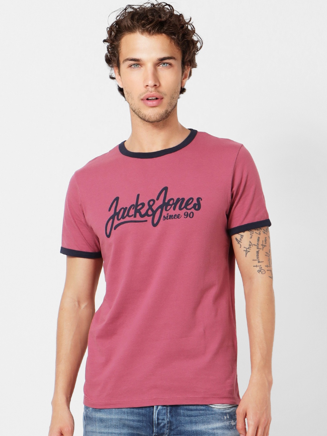 

Jack & Jones Men Purple & Black Printed Pure Cotton T-shirt