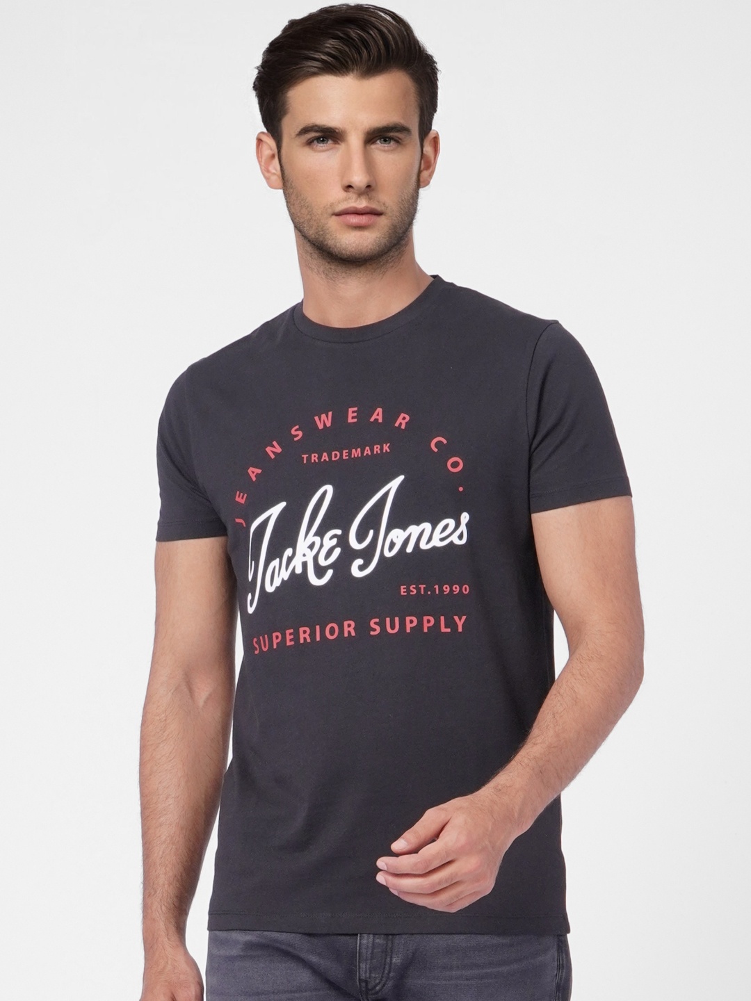 

Jack & Jones Brand Logo Printed Pure Cotton Slim Fit T-shirt, Black