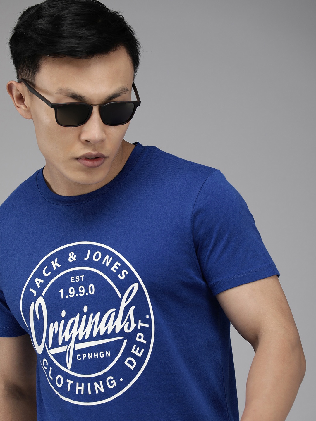 

Jack & Jones Men Blue Brand Logo Printed Slim Fit Pure Cotton Casual T-shirt