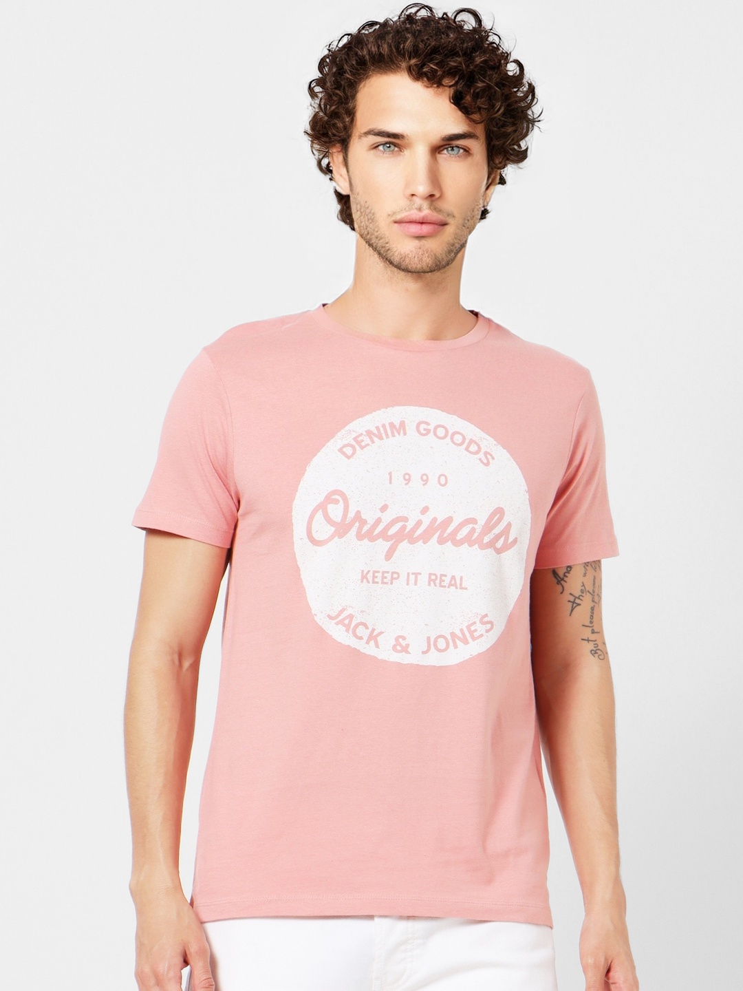 

Jack & Jones Men Pink & White Printed Pure Cotton T-shirt