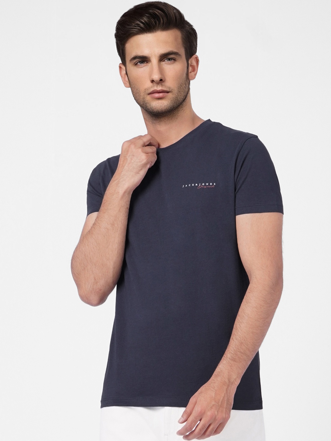 Jack & Jones Men Blue & Off White Brand Logo Printed Pure Cotton T-shirt