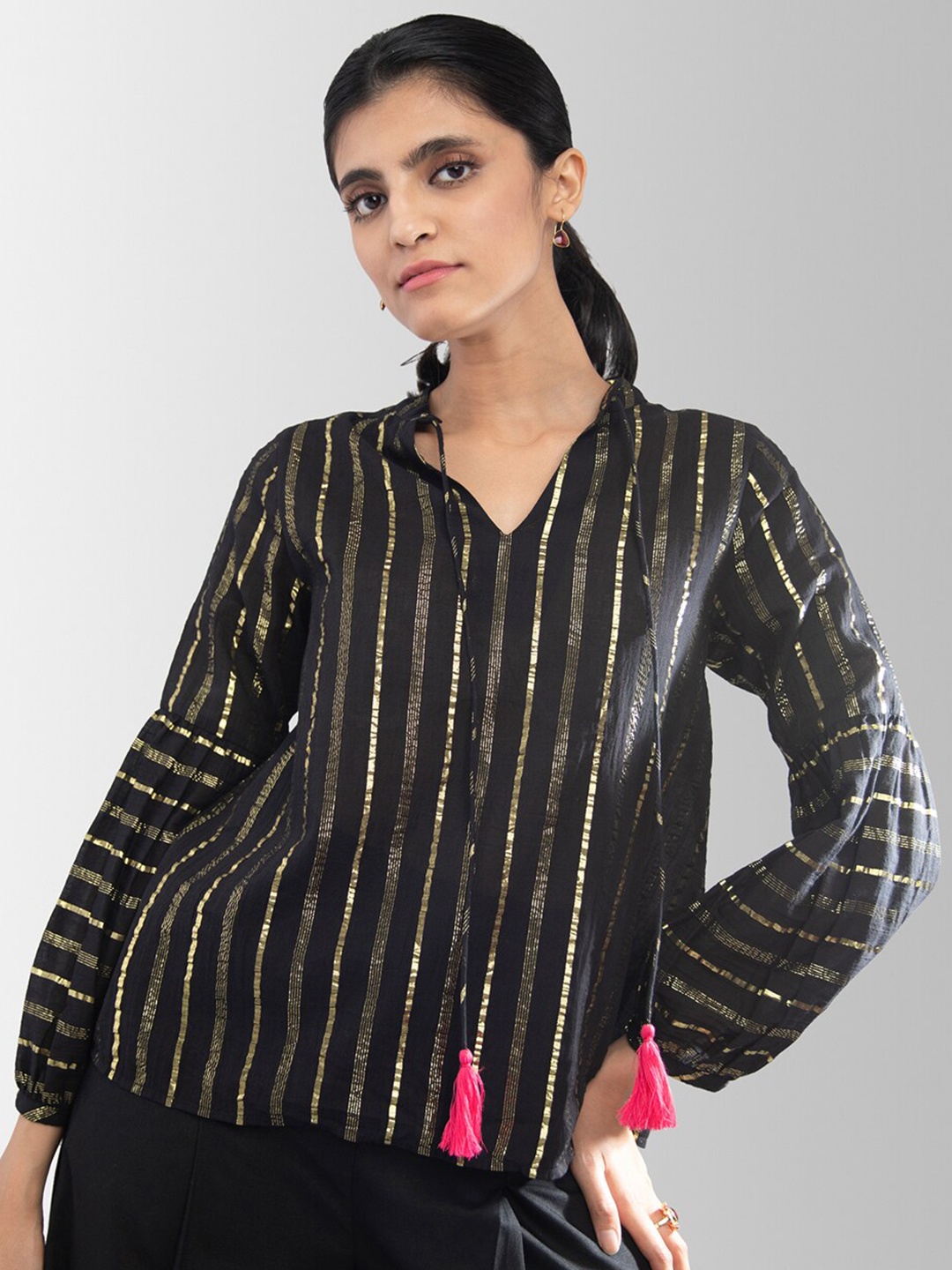 

Pink Fort Black Striped Tie-Up Neck Top