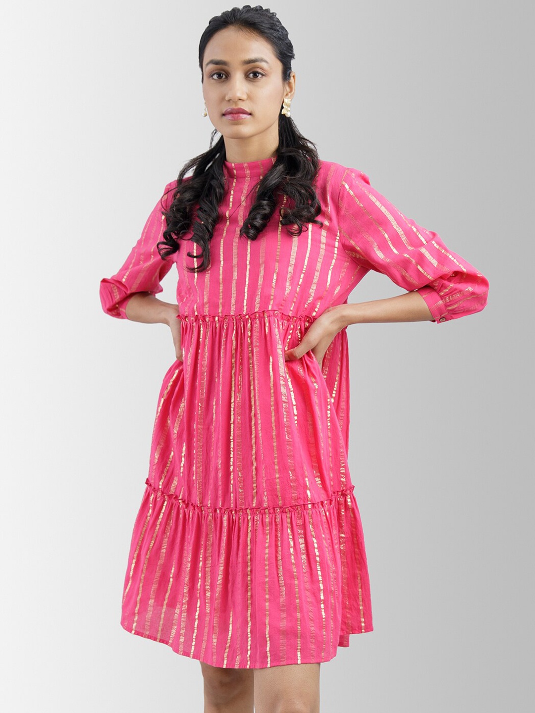 

Pink Fort Pink Striped Tiered A-Line Dress