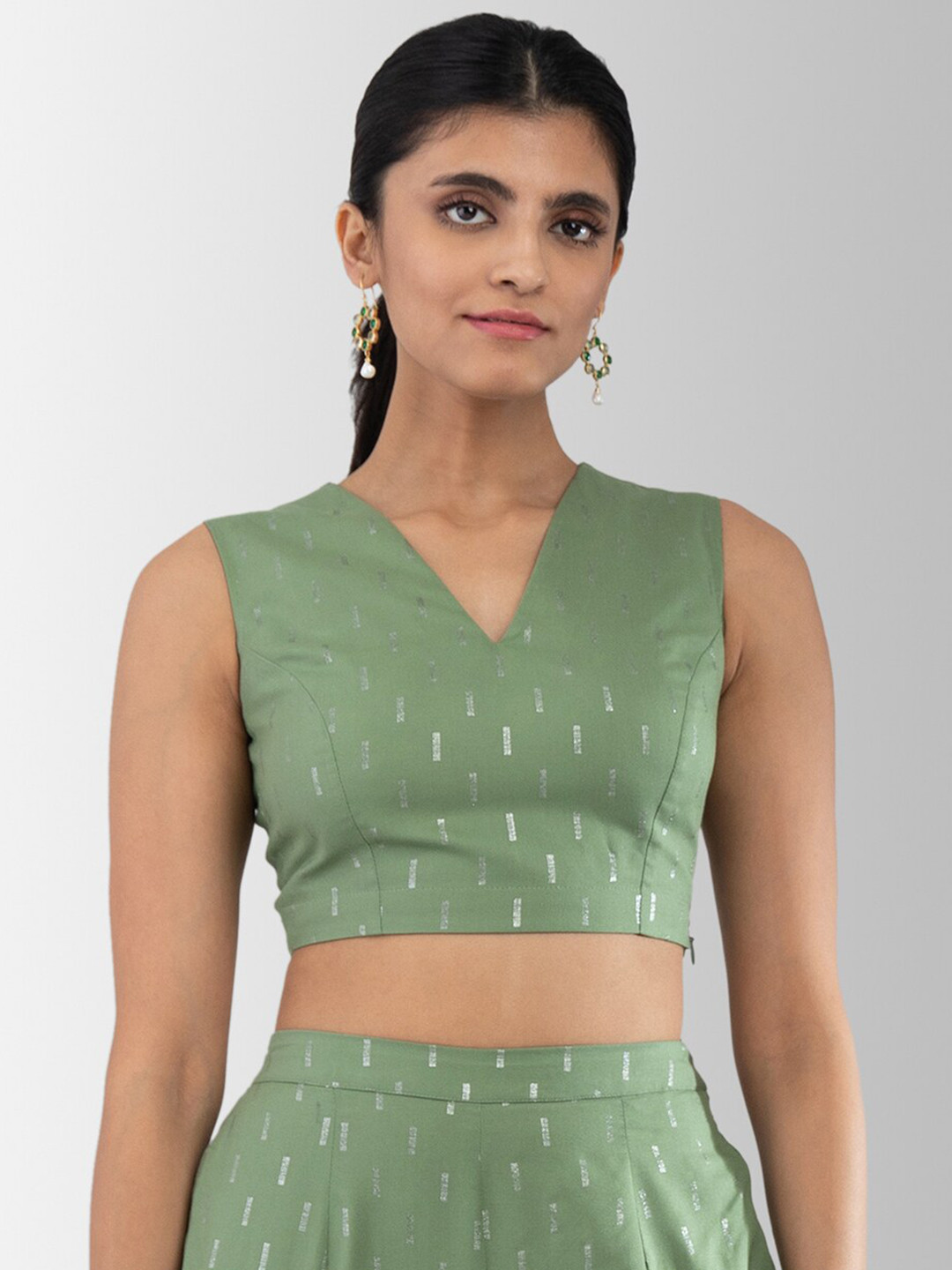 

Pink Fort Green Foil Print Crop Top