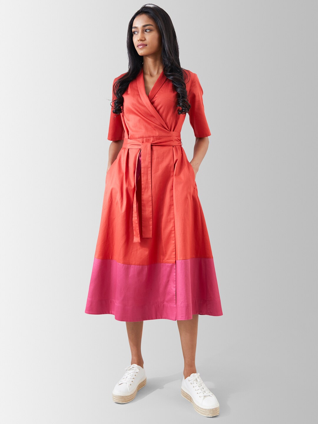 

Pink Fort Women Orange & Fuschia Wrap Midi Dress With Belt